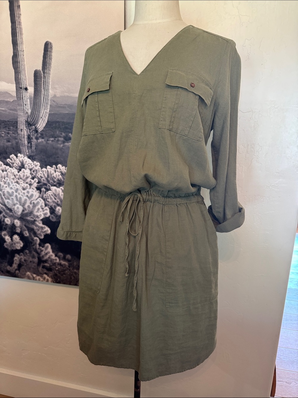 Joe Fresh Olive V-Neck Drawstring Shirt Dress